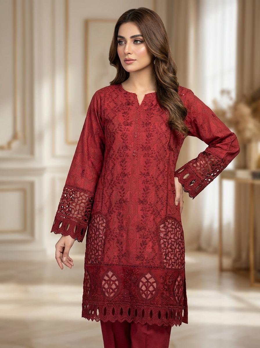 Maroon Embroidered Kurti with Laser-Cut Detailing ❤️