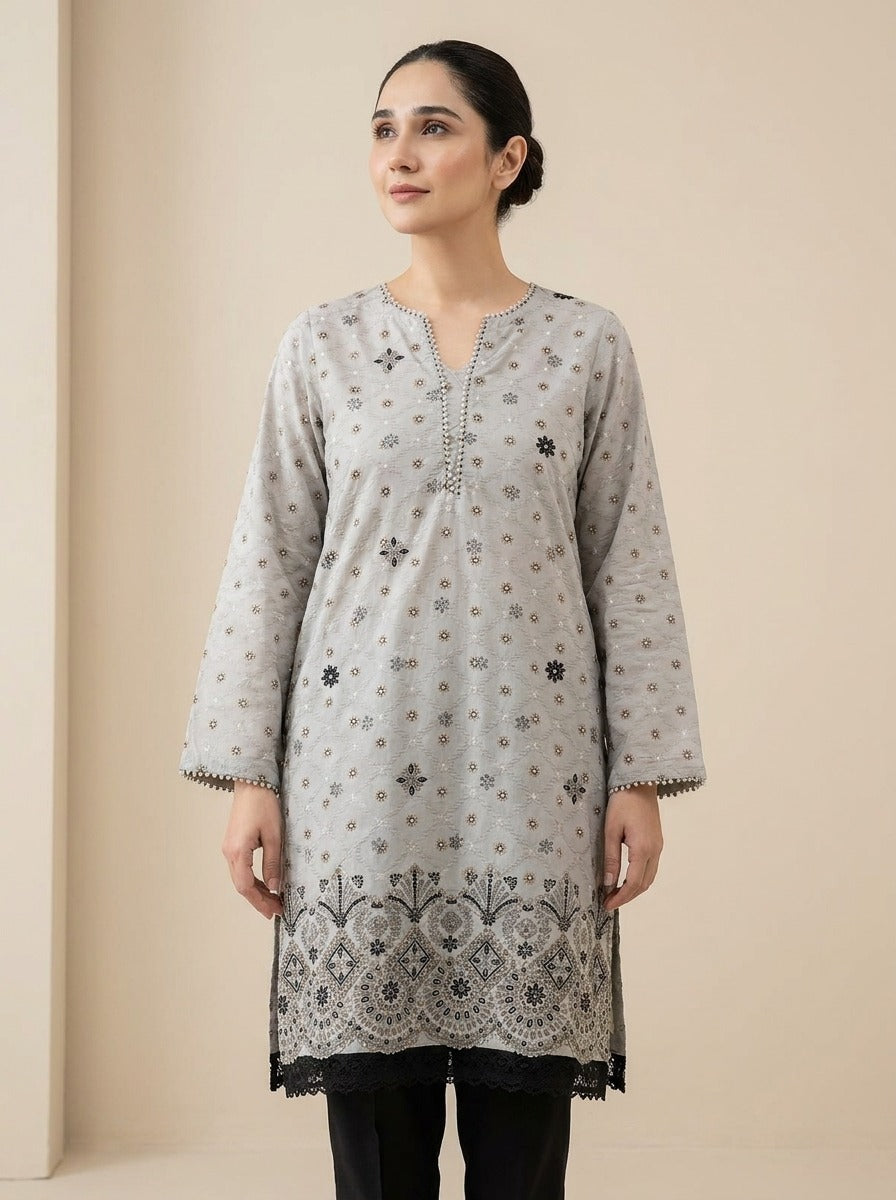 Grey Embroidered Kurti with Black Lace Hem
