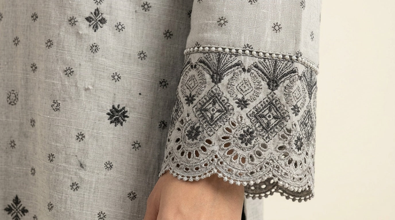 Grey Embroidered Kurti with Black Lace Hem