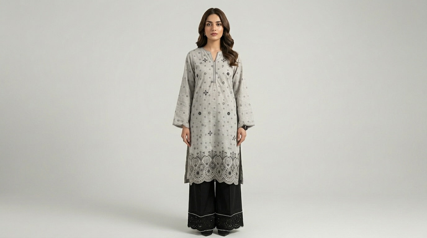Grey Embroidered Kurti with Black Lace Hem
