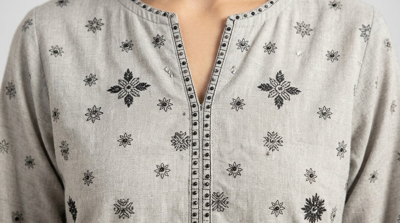 Grey Embroidered Kurti with Black Lace Hem