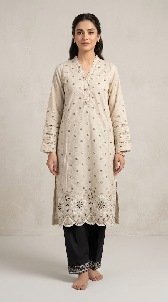 Beige Embroidered Kurti with Scalloped Lace Hem 🤎