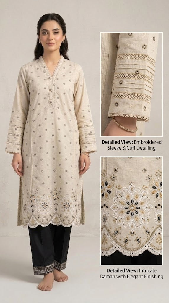Beige Embroidered Kurti with Scalloped Lace Hem 🤎