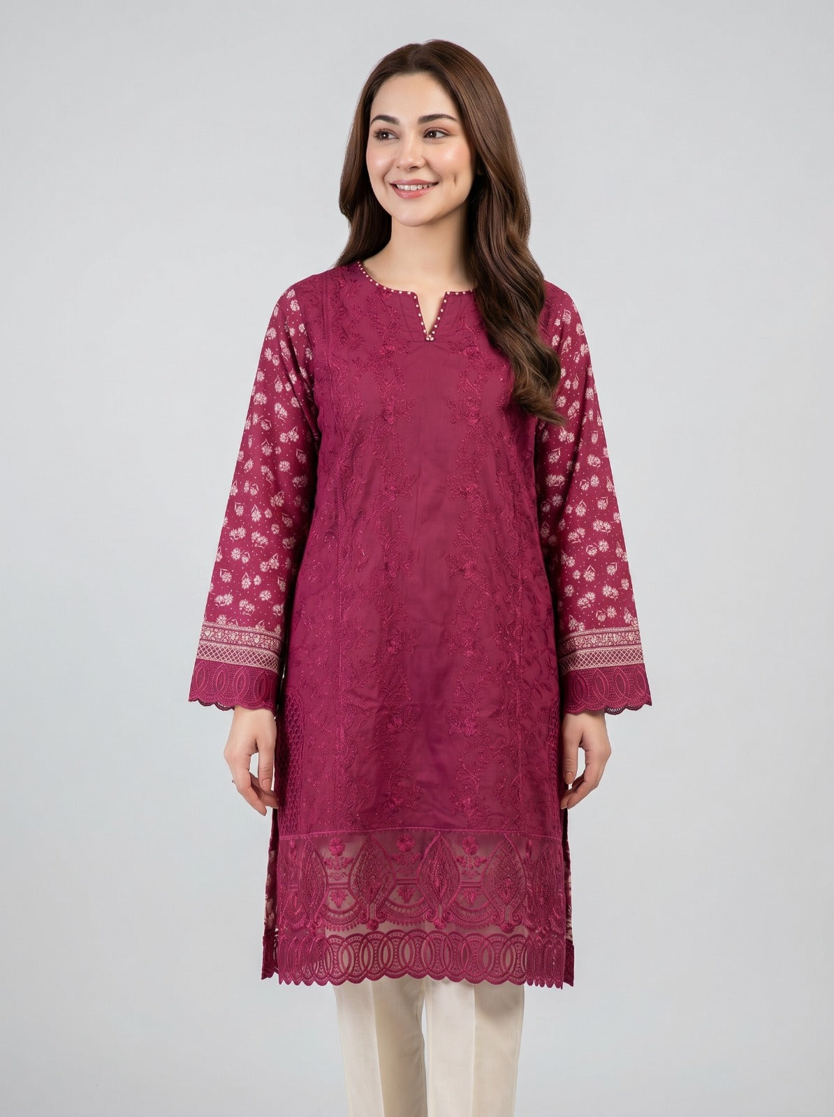 Magenta Embroidered Kurti with Printed Sleeves 💗