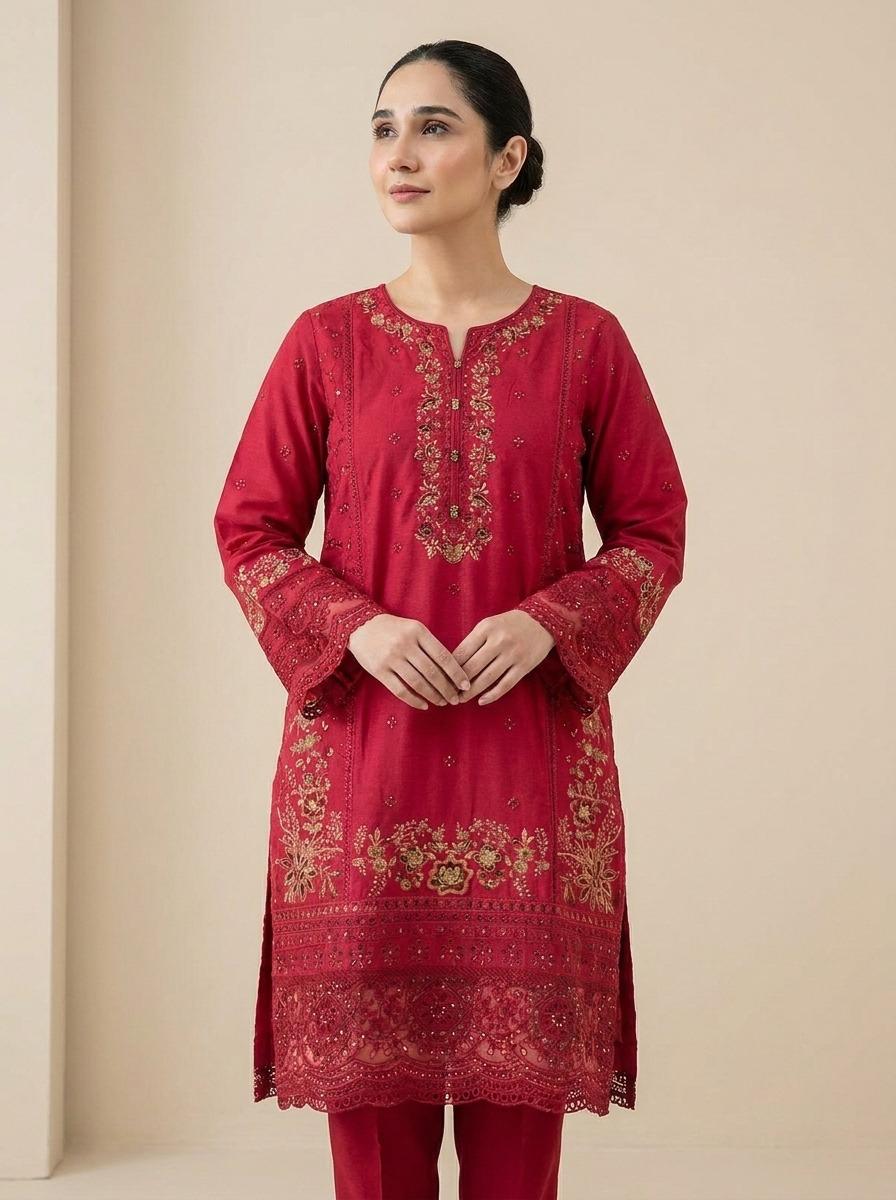 Crimson Red Embroidered Kurti with Sequin Detailing ❤️