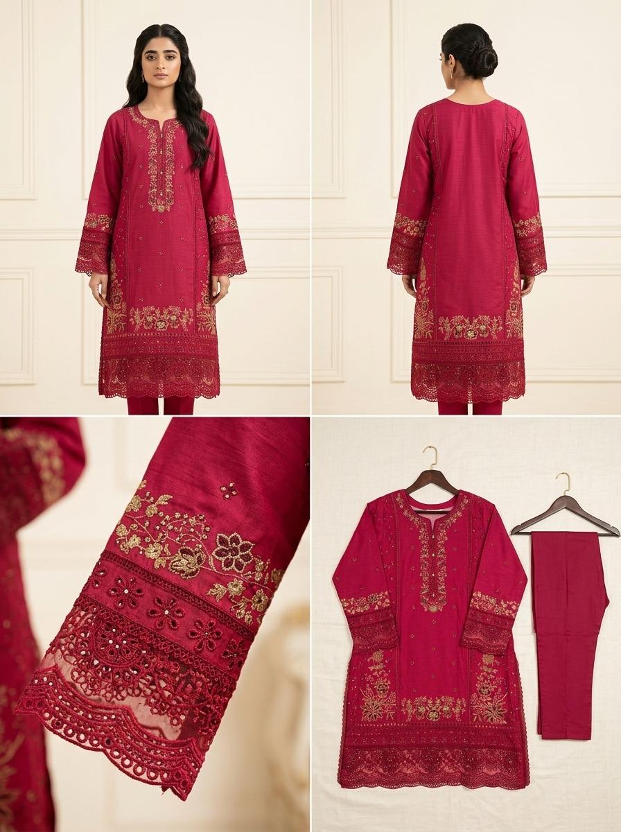 Crimson Red Embroidered Kurti with Sequin Detailing ❤️