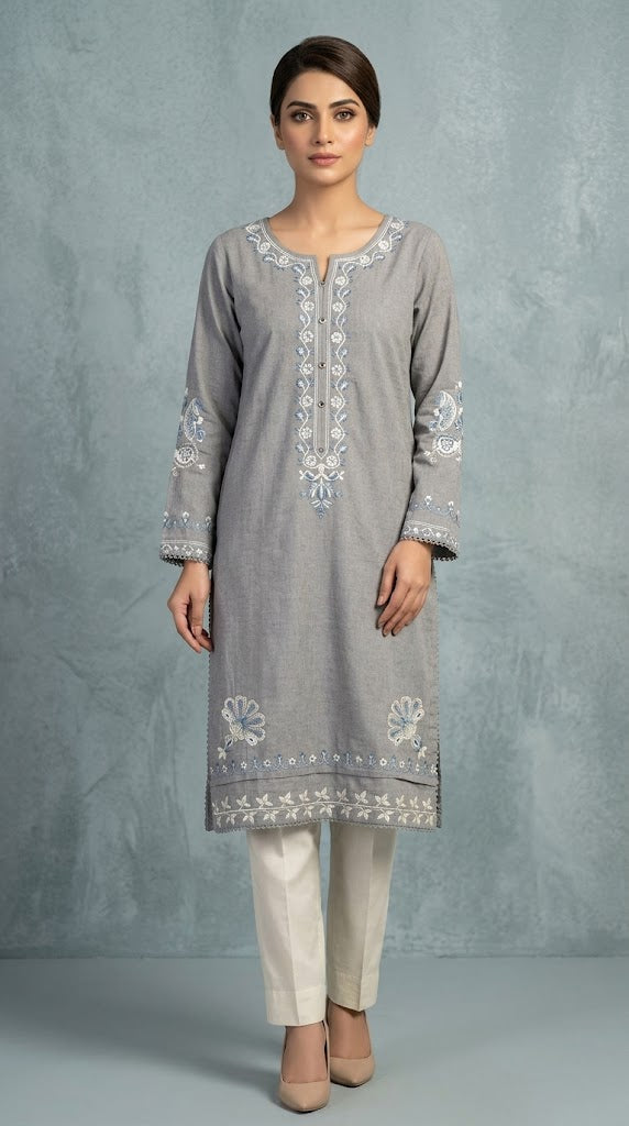 Grey Embroidered Kurti with Floral Motifs ✨