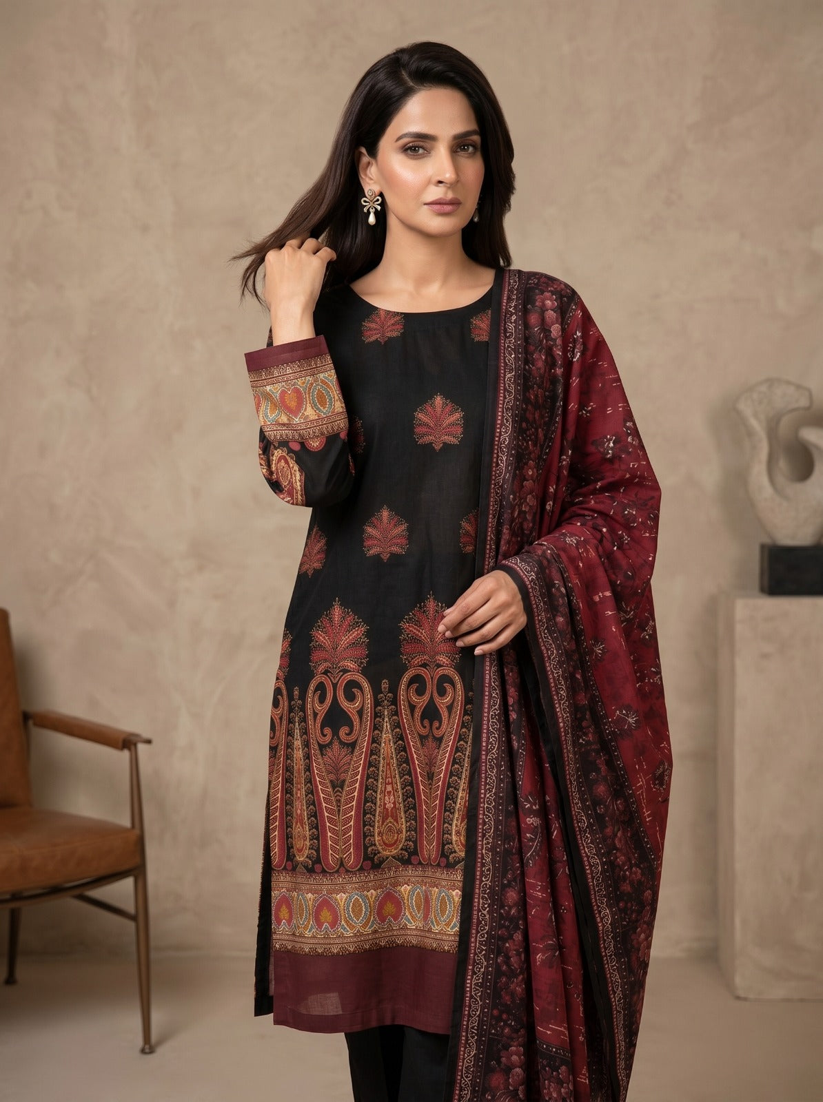 Classic Black & Red Paisley Printed 3-Piece Lawn Suit 🖤