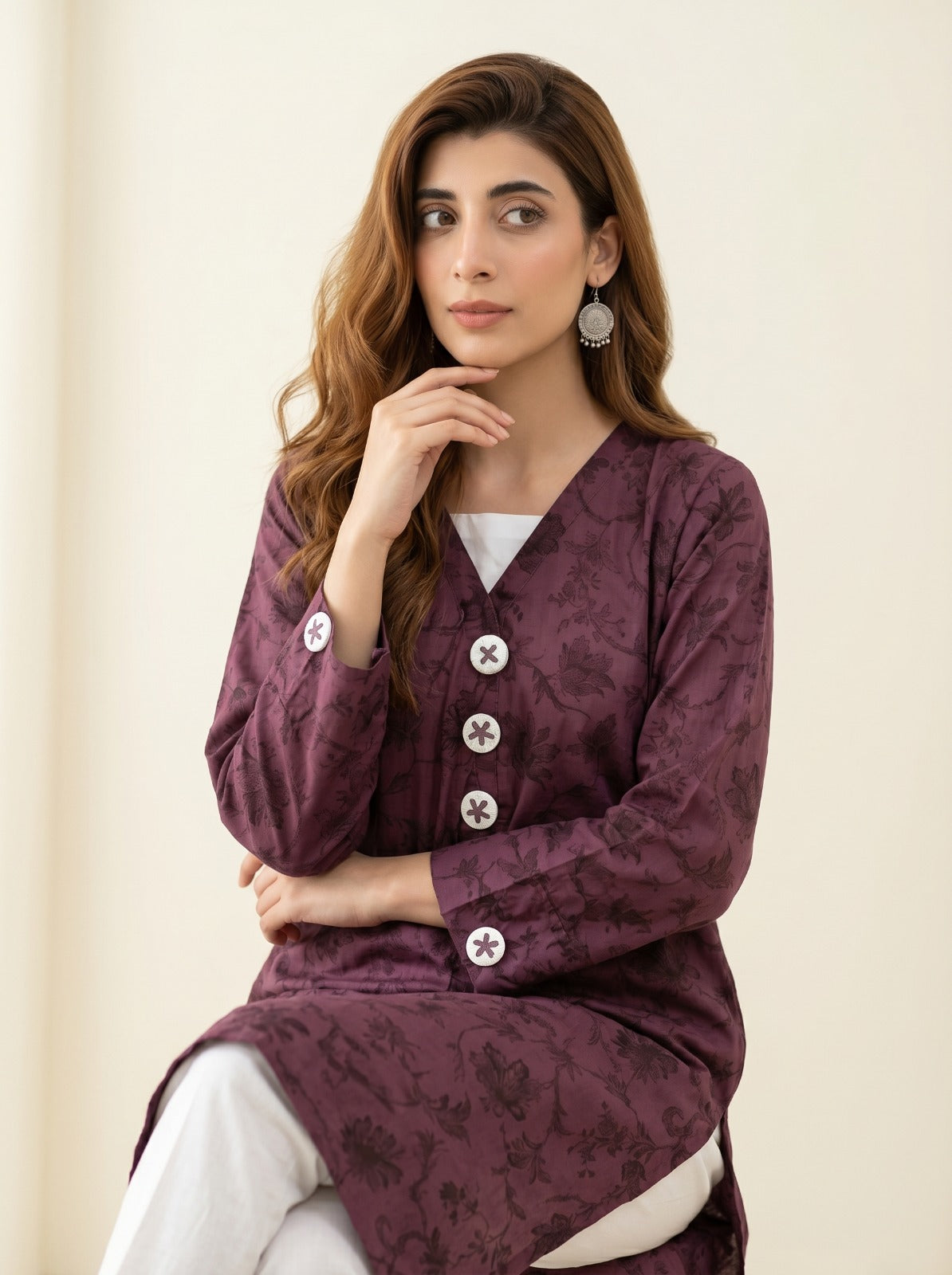 Elegant Purple V-Neck Button-Detail Kurti/Tunic 🍇