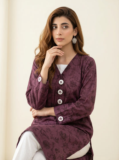 Elegant Purple V-Neck Button-Detail Kurti/Tunic