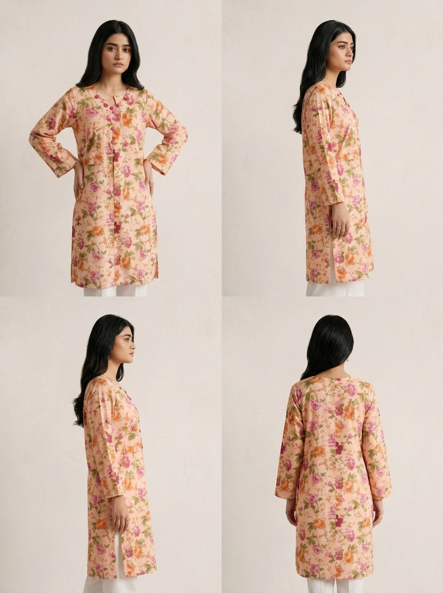 Peach Floral Printed Button-Down Kurti 🌸