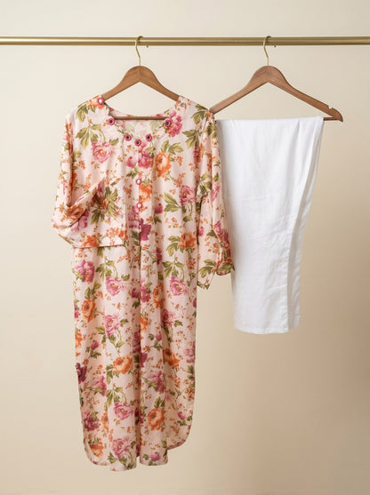 peach Floral print lawn kurti