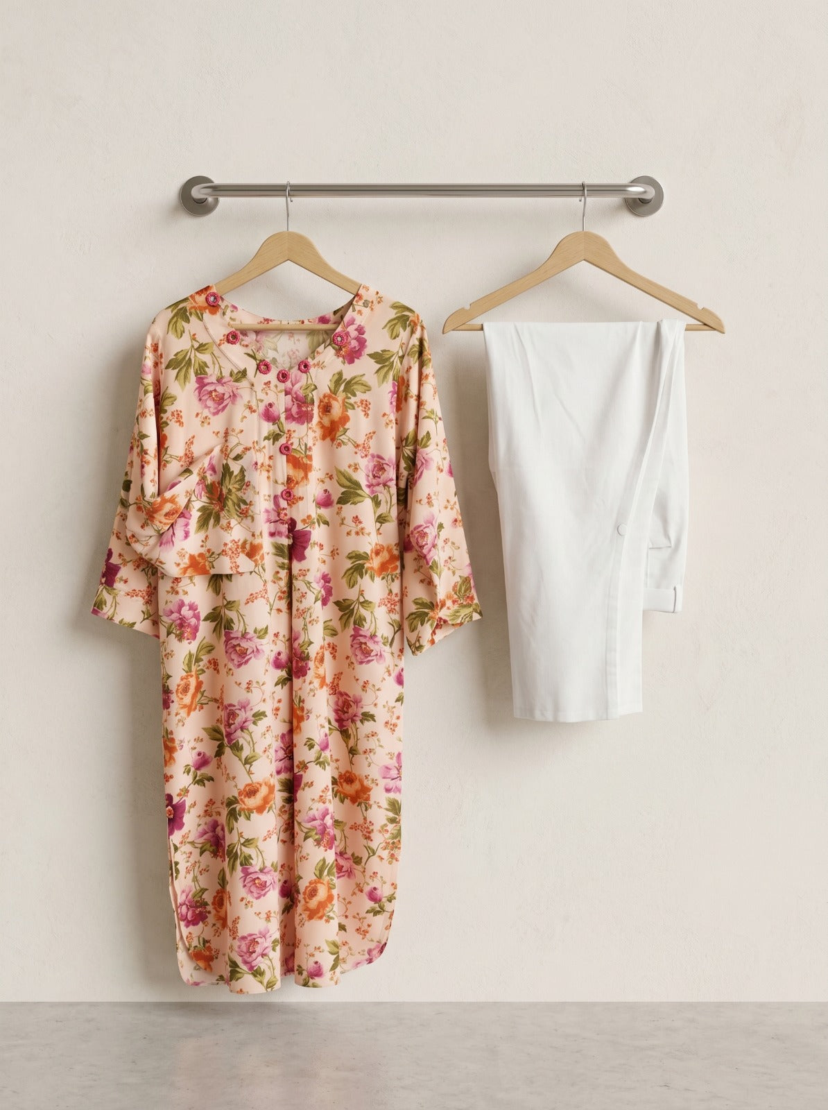 Peach Floral Printed Button-Down Kurti 🌷