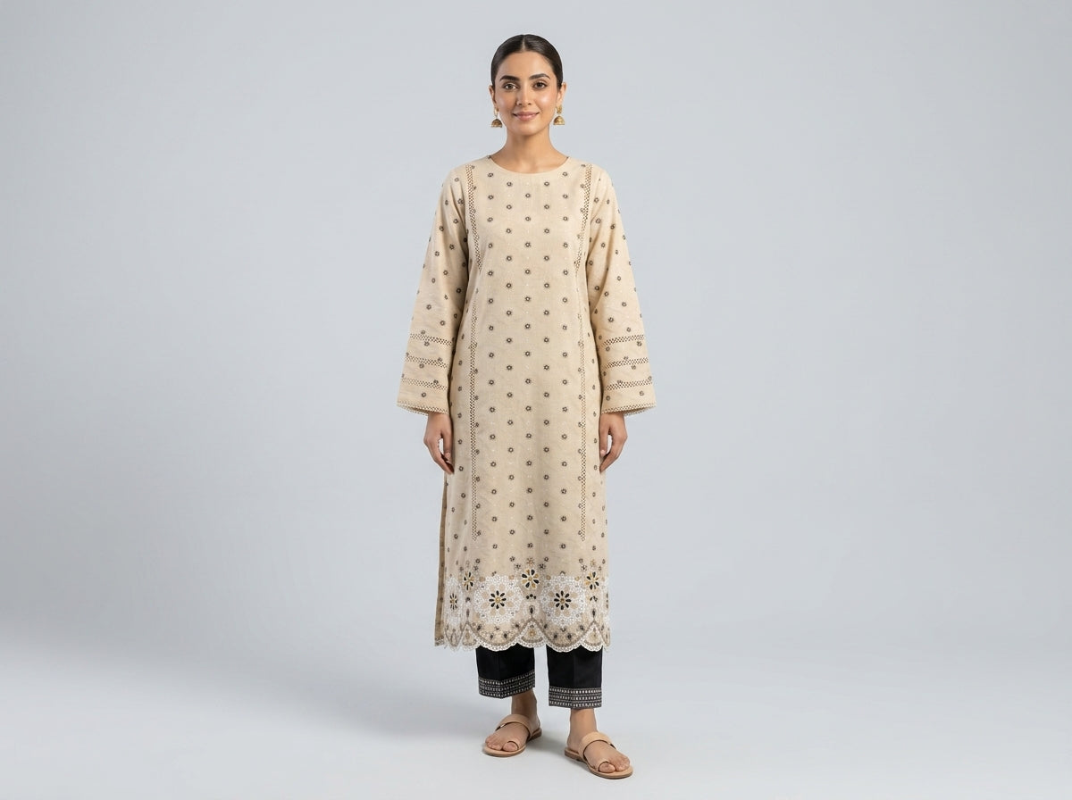 Beige Jacquard Embroidered Stitched Suit.