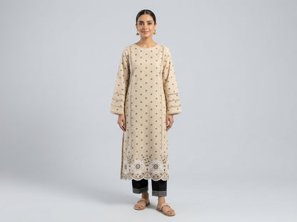 Beige Jacquard Embroidered Stitched Suit.