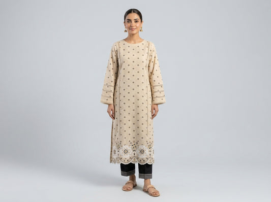 Beige Jacquard Embroidered Stitched Suit.