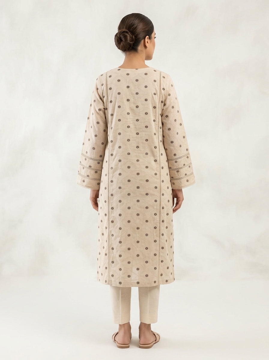 Beige Embroidered Long Kurti with Lace Hem 🤍