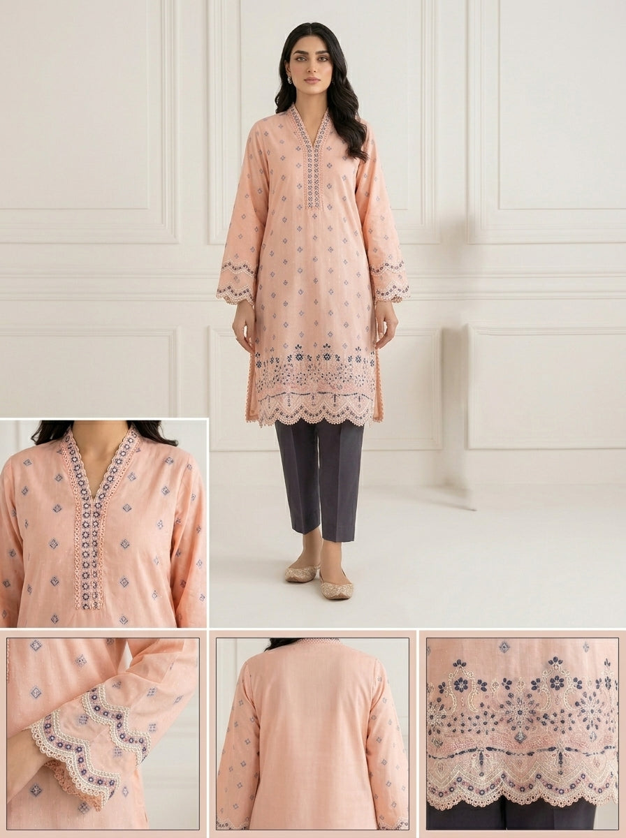 Graceful Peach Embroidered Lawn 2-Piece Suit with Scalloped Edges 🍑