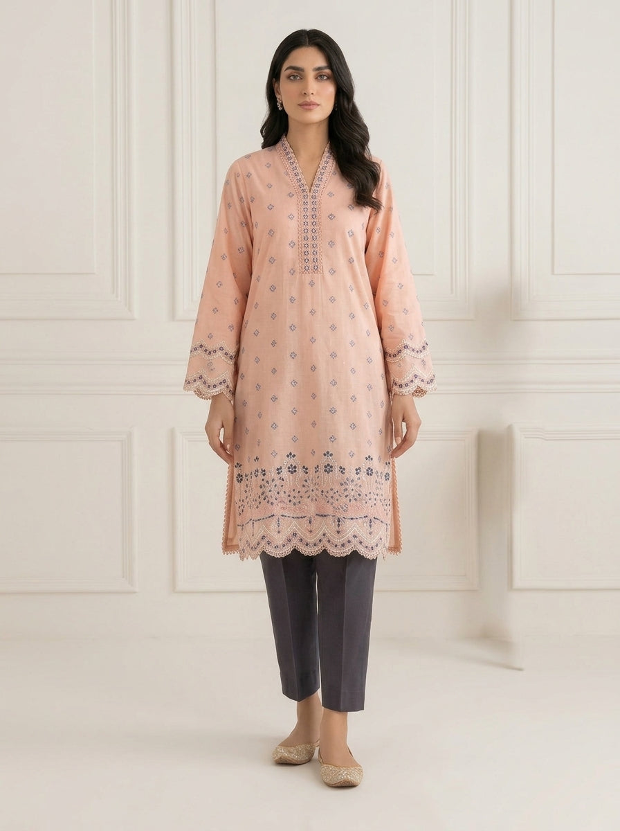 Graceful Peach Embroidered Lawn 2-Piece Suit with Scalloped Edges 🍑