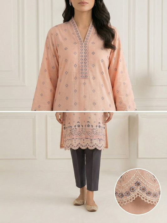 Graceful Peach Embroidered Lawn 2-Piece Suit with Scalloped Edges