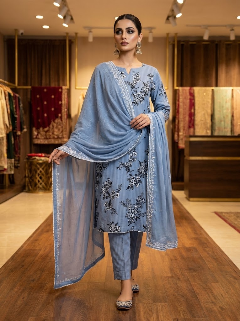 Dusty Blue Floral Embroidered 3-Piece Suit ✨