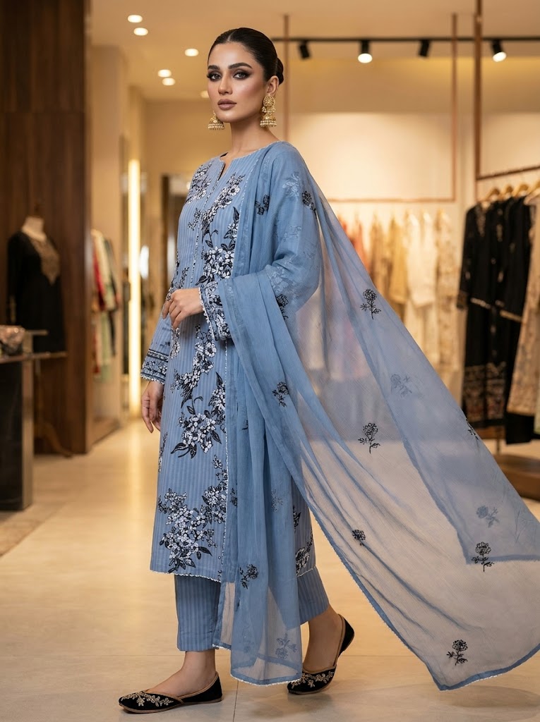 Dusty Blue Floral Embroidered 3-Piece Suit ✨