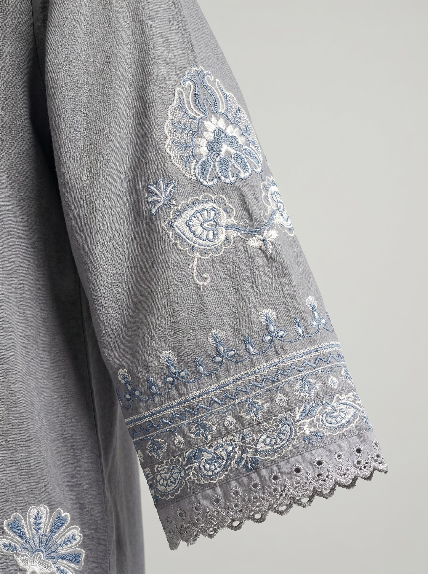 Elegant Grey Embroidered 2-Piece Kurta with White Trousers