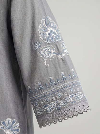 Elegant Grey Embroidered 2-Piece Kurta with White Trousers